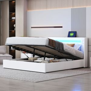 Lit Coffre rembourré 160x200-lit Double avec LED +recharge USB+coffre de rangement en cuir PU et sommier à lattes Blanc