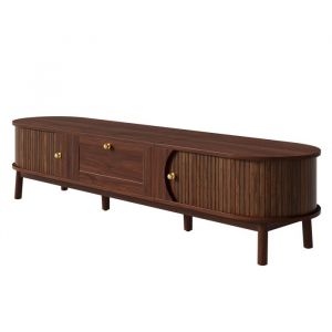 Meuble TV Salon Moderne & Classique - Bois Massif Tiroirs de Rangement Coins Arrondis Pieds Robustes