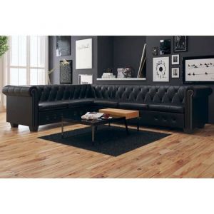 Prix bas - Canap&eacute; dangle Chesterfield 6 placesSofa Longue de salon Cuir synth&eacute;tique Noir （231697596485)