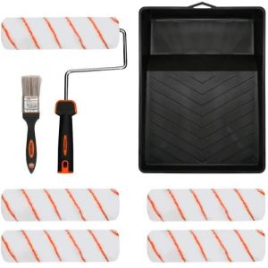 Kit de Rouleau de Peinture et Pinceau Peinture Mur et Plafond 8Pcs avec Reservoir Poign&eacute;e &agrave; Rouleau Bac Peinture Manchons de
