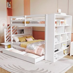 Lit Superpos&eacute; enfant 90x200 cm - Lit Superpos&eacute; avec Escalier S&eacute;curis&eacute; et Rangements Pin Massif et MDF Solide Blanc