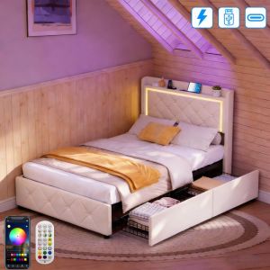 Lit 1 personne 90x200 cm avec Sommier LED et USB Tpye C Lit coffre avec 2 tiroirs de Rangement Lit une place Velours Beige
