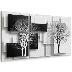 Tableau triptyque graphique arbres sur fonds noir et blanc - 90x60 cm