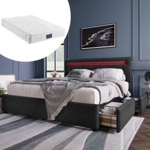 Lit Coffre Double 140 x 200 cm avec LED et T&ecirc;te de Lit R&eacute;glable Lit Adulte avec Tiroirs de Rangement Lin Gris (avec matelas)