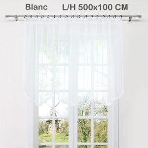 Store voilage transparent rideaux courts fenetre en voile fleurie de cuisine avec ruban Blanc L-H 500x100 CM