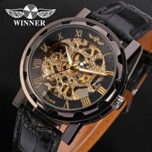 WINNER Hommes MéCanique Main-Vent En Cuir Cristal Analogique Classique Bande Marque Occasionnelle Montre-Bracelet