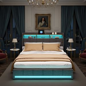 Lit Coffre 140x200cm avec 4 Tiroirs LED T&ecirc;te/Pied (Contr&ocirc;le App) Cadre M&eacute;tal Renforc&eacute; Charge 300kg Tissu Lin