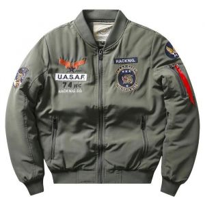 Bomber Homme Blouson Aviateur Militaire Epais Automne Hiver Veste Baseball Chaude Broderie Col Montant Confortable - Vert