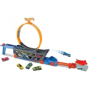 Camion Transporteur de PIS - Hot Wheels - 1:64 - Lanceur 4 vitesses - Looping - 18 véhicules