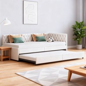 Canapé lit 90/180 x 200 cm Canapé lit gigogne 2 en 1 Extensible Structure de Lit avec Sommier à Lattes velours blanc cassé