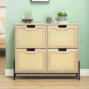 Meuble &agrave; Chaussures &agrave; Bascule Avec 4 Abattants Armoire &agrave; Chaussures 8 Etag&egrave;res R&eacute;glables en Rotin Naturel pour Couloir Entr&eacute;e