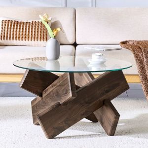 Table Basse Ronde Moderne Table dappoint en Verre Tremp&eacute; Cadre en Bois Crois&eacute; Cr&eacute;atif Pour Salon Bureau Transparent + Noyer