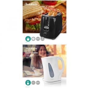 PACK Bouilloire &eacute;lectrique Blanche sans fil 17L + Grille-pain 2 fentes Noir 3 fonctions avec t&eacute;moins LED