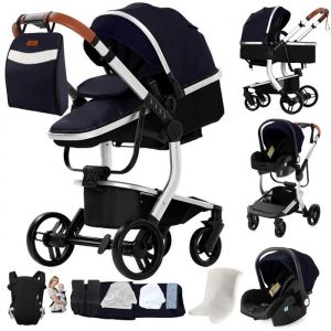Poussette  MagicZC Bleu &agrave; Structure Argent Pliage auto 3 en 1 Mati&egrave;re PU [Avec nacelle cosy sac &agrave; langer et porte-b&eacute;b&eacute;]