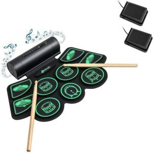 DREAMADE Kit de Batterie Numérique Electronique à 9 Pavés avec 2 Haut-Parleurs Stéréo Baguettes de batterie Pédales Vert