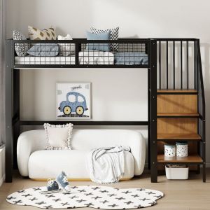 Lit mezzanine 90*200cm avec &eacute;chelle de s&eacute;curit&eacute; lit enfant avec &eacute;tag&egrave;re de rangement et penderie lit en fer 255x95x176cm noir