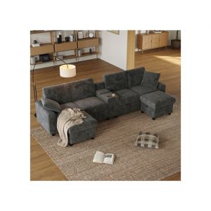 Canap&eacute; en U en velours c&ocirc;tel&eacute; avec 2 poufs coffre table basse porte-gobelets USB prises et Type-C gris (315&times;81&times;135 cm)