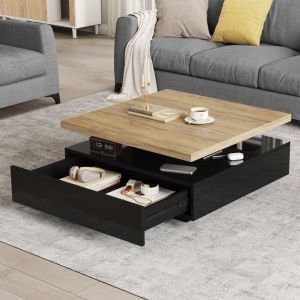 Table basse carr&eacute;e 70x70x36 cm plateau pivotante 360&deg; avec tiroir de rangement couleur naturelle et noir