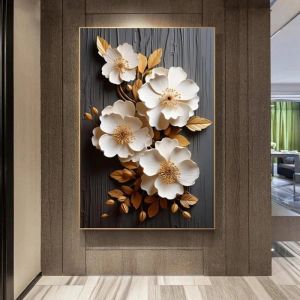 Affiches de fleurs blanches imprim&eacute;es sur toile abstraite feuille dor peinture murale pour salon d&eacute;coration 50x80cm sans cadre