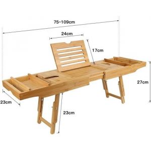 Pont de Baignoire - Bambou - Extensible 75-109 cm - Support pour T&eacute;l&eacute;phone et Verre - Antid&eacute;rapant