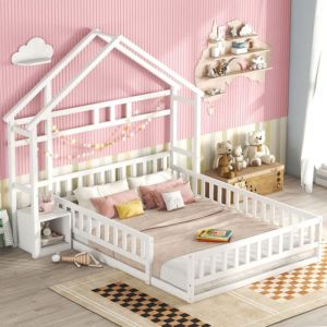 KoDise Lit cabane enfant 140x200 cm Lit ado Lit simple - pin - avec chevets et barrières de sécurité - blanc