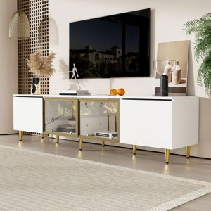 Meuble TV de salon - SOMUBI - 4 portes - Blanc minimaliste - À poser ou à fixer au mur- idéal pour le salon - 170 x 33 x 40 cm