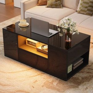 Table basse brillante 100x50x40cm Table dappoint salon avec &eacute;clairage LED 1 tiroir 2 portes 3 compartiments - noir