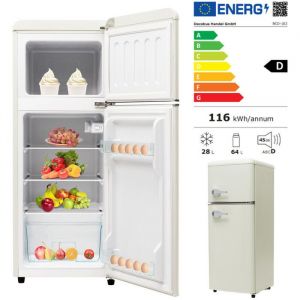 R&eacute;frig&eacute;rateur R&eacute;tro 2 Portes - 64L Froid + 28L Cong&eacute;lo - 7 Niveaux de Temp&eacute;rature & Classe D - R600a &Eacute;cologique - Blanc Antique
