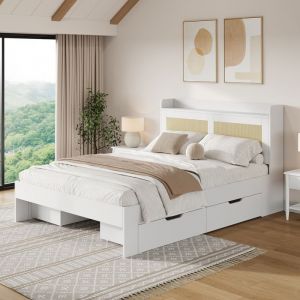 Lit Coffre Double 140x200cm Lit Rembourr&eacute; en Bois Massif avec T&ecirc;te de Lit en Rotin 3 Tiroirs de Rangement - Sans Matelas - Blanc