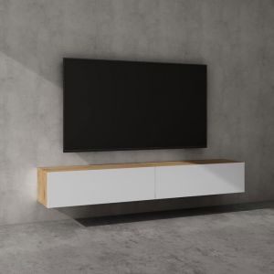 Sogood Meuble TV Bas 200 cm Armoire TV Marron Clair + Blanc Mat Table de Télévision Salon avec Portes Meuble TV Suspendu MBTV02