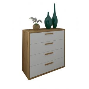 Commode Meuble de rangement avec 4 tiroirs coloris ch&ecirc;ne Albar blanc - Hauteur 86 x Longueur 88 x profondeur 40 cm