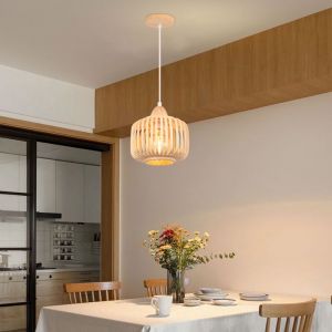 TOKIUS Suspension en Bambou Bois - Style Chinois Nouveau - Lustre E27 Vintage Ø18 cm - Luminaire pour Salon Salle à manger Café Bar