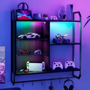PULUOMIS Étagère Murale à LED avec Étagère en Verre Réglable - 4 Niveaux - Étagère Flottante pour Jeu Salon Cuisine 80cm