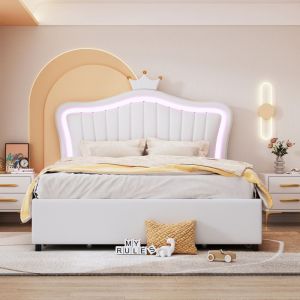 Lit denfant Lit capitonn&eacute; 140 x 200 cm cadre de lit simple blanc pour fille en cuir PU avec tiroirs de rangement lampes LED