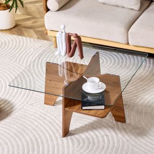 Table Basse Carr&eacute; Plateau en Verre Tremp&eacute; Pieds de Table en MDF Noyer Bois Design Moderne pour Salon Bureau 80x80x40cm