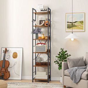 YITAHOME Bibliothèque à 6 Niveaux Étagères Industrielles en Bois Cadre en Métal 4 Crochets Marron 30 x 40 x 184.5 cm