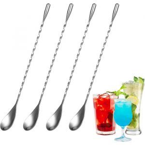 4 PCS Cuill&egrave;res &Agrave; Cocktail - Cuill&egrave;re Longue Acier Inox M&eacute;langeur Long Drink &Agrave; Motif Spirale Et Poli Miroir