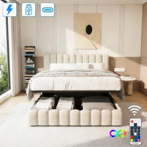 Lit coffre 140x200 cm LEWW - Lit double avec LED et chargement USB - rangements de t&ecirc;te de lit - sommier &agrave; lattes - en lin - beige