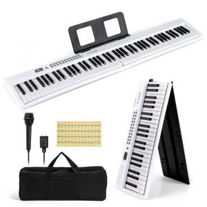 COSTWAY Clavier Piano Numérique 88 Touches Semi-Lestée Pliable 1000 Rythmes 1000 Timbres 150 Démos Enregistrement Blanc