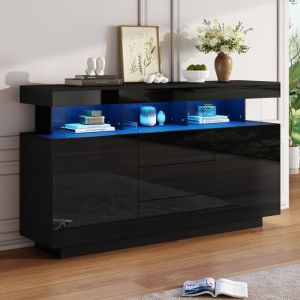 Buffet moderne 140x35x80 cm buffet laqu&eacute; brillant coin caf&eacute; buffet en acrylique avec LED pour salle &agrave; manger cuisine noir