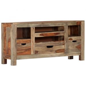 Buffet bas - Bois massif de Sesham - Gris - 100 x 30 x 50 cm - 3 tiroirs et 4 compartiments ouverts