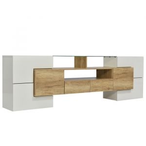 Meuble TV bas lowboard rangement LED MDF blanc laqu&eacute; et bois naturel 200x35x60 cm