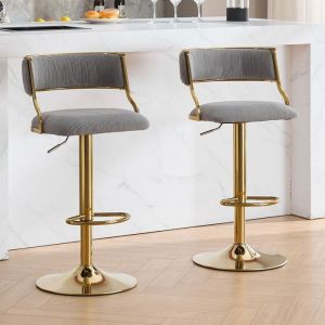 Wahson Tabouret Bar Lot de 2 Tabouret de Bar Réglable en Velours Chaise Haute Bar Pivotant avec Pied Doré pour Ilot Central Gris