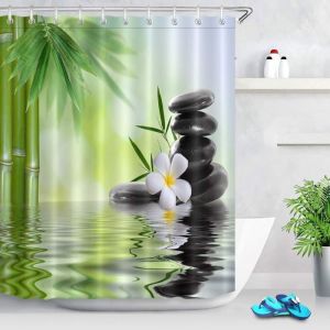 Rideau de douche spa avec crochets 180 x 200 cm pierres noires orchid&eacute;es bambou motif eau tissu polyester lavable r&eacute;sistant