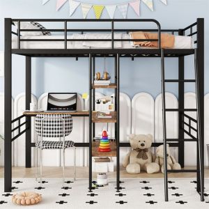 Lit Mezzanine 1 Place avec Bureau pour Enfant et Adulte Lit Mezzanine 90x200 avec BarrièreÉtagèresÉchelleCadre en MétalNoir