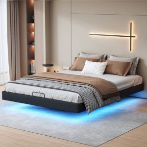 Lit coffre en simili cuir noir 160x200cm lit double avec LED lit adulte coffre hydraulique avec sommier à lattes