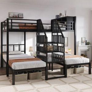 Lit superpos&eacute; enfant fer forg&eacute; noir 90/140&times;200cmtriple place avec &eacute;chelle s&eacute;curis&eacute;e anti-chute et grand espace de  LITS SUPERPOSES