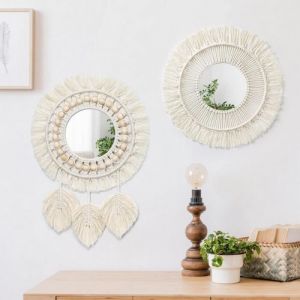Miroir Mural 2Pcs Miroir &agrave; Franges En Macram&eacute; Boho Avec Pendentif En Plumes De Perles De Bois Miroir Rond Dart Mural Pour Couloir