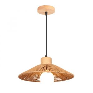 CREVETTE Suspension Vintage en Corde de Papier Tiss&eacute; E27 Luminaire en Bois et Rotin &Oslash;30cm Lustre R&eacute;tro pour Chambre Salle &agrave; Manger