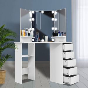 Coiffeuse dAngle Blanche avec Miroir et LED- ELOKLEM -112x50x143cm 5 tiroirs et étagère-Bureau Coiffeuse Style Moderne
